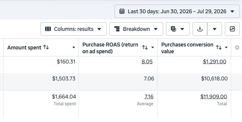 Meta Ads Manager showing 7.16 average purchase ROAS