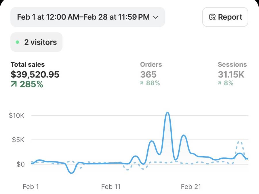 Shopify dashboard showing $39,520.95 total sales, up 285%